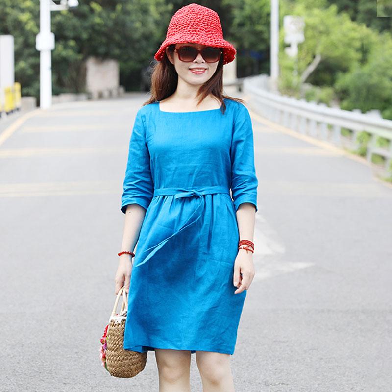 Special Collar Design Women Half Sleeve Loose Blue Folded Dress