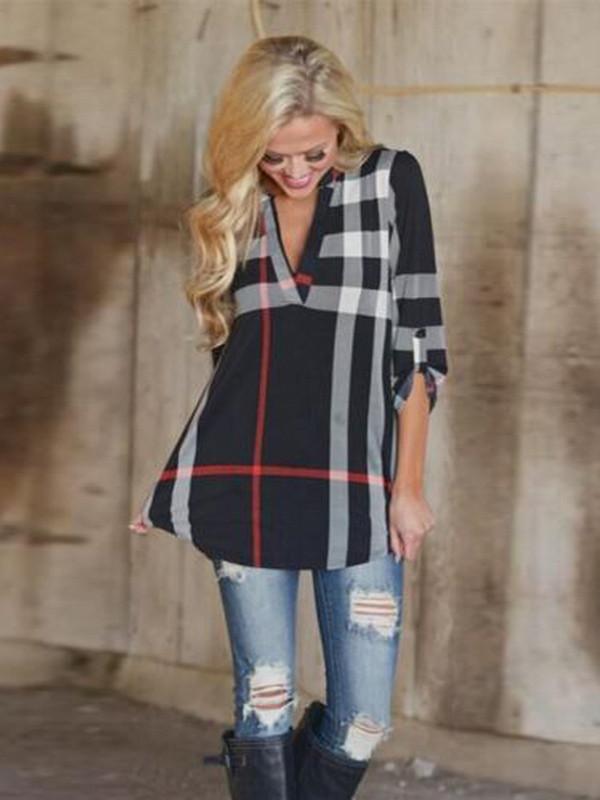 Popular Fashion Gingham V Neck 3/4 Sleeve Loose T-Shirt Tops