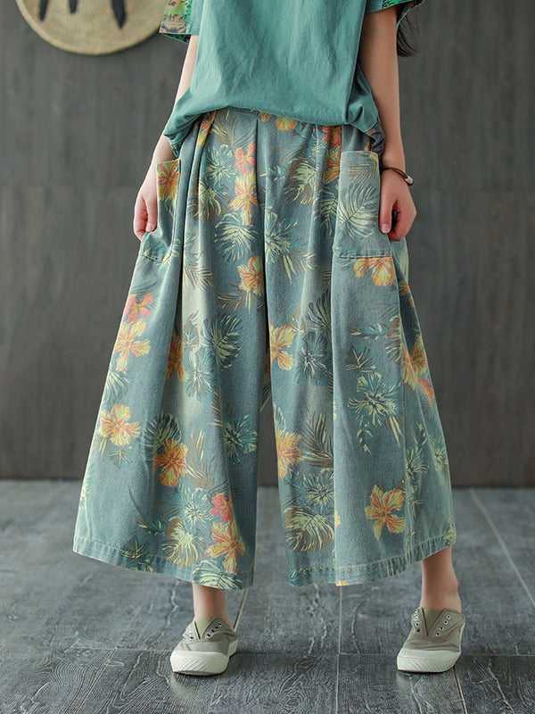 VINTAGE LOOSE PRINT JEAN WIDE-LEG PANTS