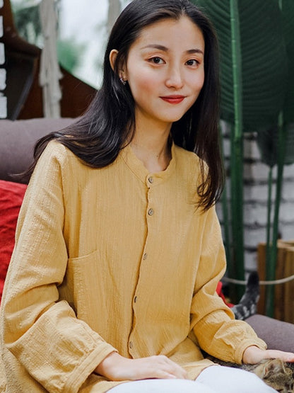 SOLID LOOSE PLEATED STAND COLLAR SHIRT