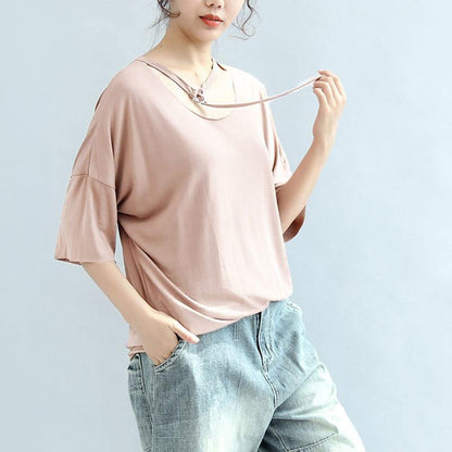 Modal Summer Women Loose Casual Plain Light Pink Shirt