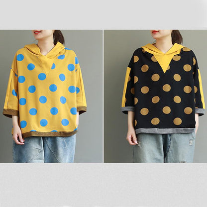 Loose Cotton Dot Hooded Print Blouse