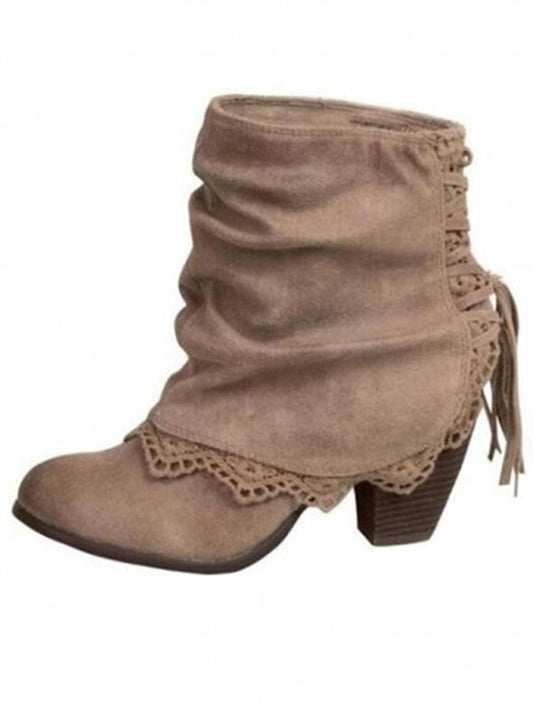 Solid Color Bandage Tasseled Purfle Lace Ankle Boots Shoes