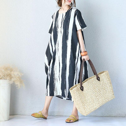 Cotton Linen Short Sleeves Black Dress