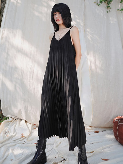 VINTAGE LOOSE SLEEVELESS PLEATED V-NECK DRESS