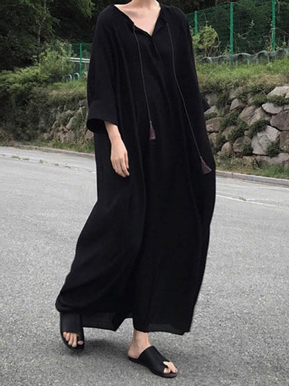 Black Vintage Daily Long Dress with Ropes on the Neck
