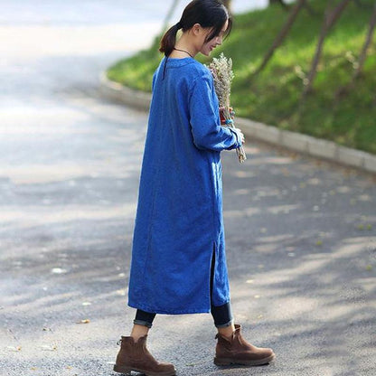 Women Retro Long Sleeve Side Slit Blue Dress