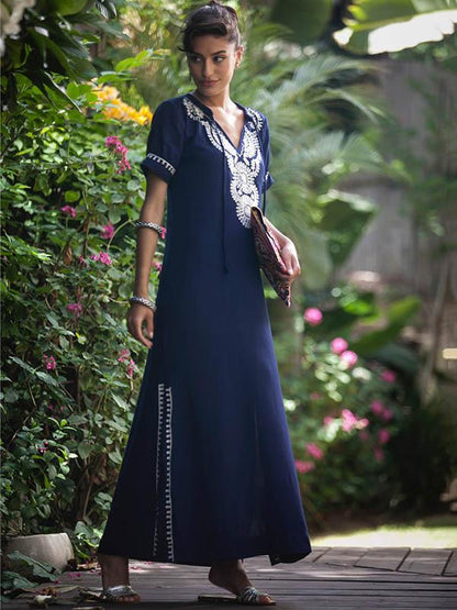 Navy Blue Floral Short Sleeves Maxi Dress Cover-Ups
