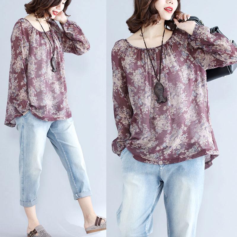Retro Floral Printed Women Long Sleeve Purple Red Shirt