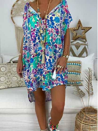 Tasseled V-neck Printed Mini Dress
