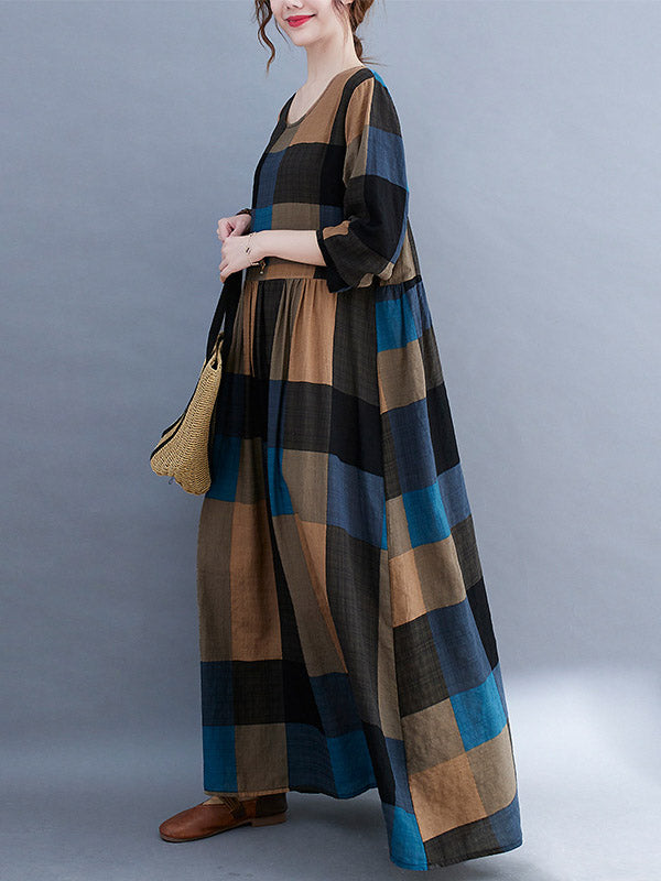 Vintage Ramie Cotton Long Sleeves A-Line Maxi Dresses