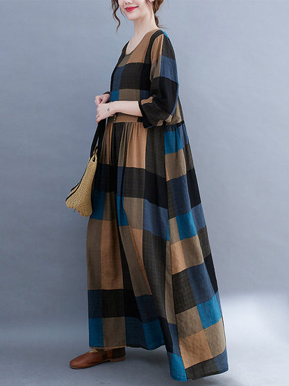 Vintage Ramie Cotton Long Sleeves A-Line Maxi Dresses