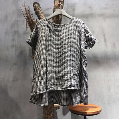 Cotton Linen Loose Vintage Frog Plaid Blouse