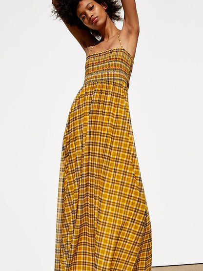 Plaid Empire Halter-neck Maxi Dress