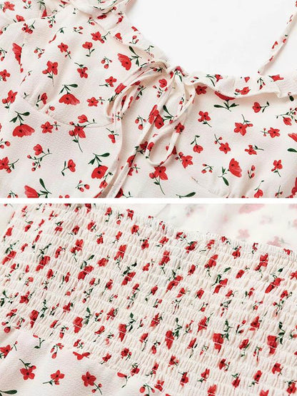 Printed Condole Belt Bandage Split-side V-neck Maxi Dress