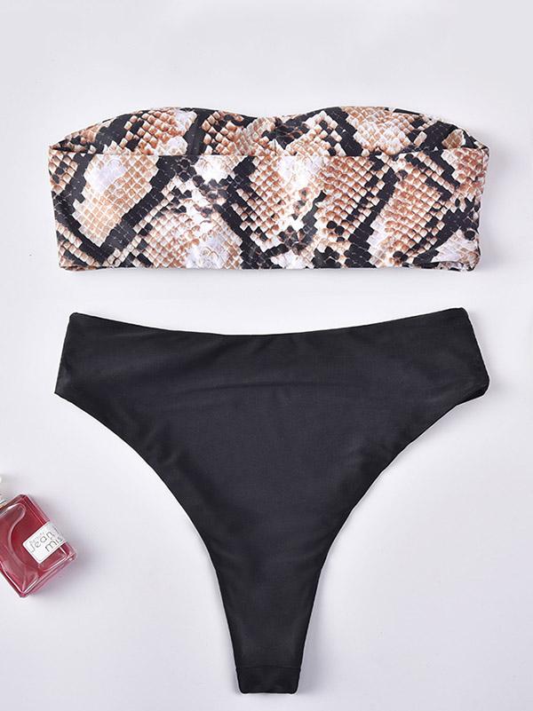 Strapless Snake-Print Split Bikini Swimsuit