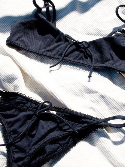 Solid Color Bow Bikini Swimsuit