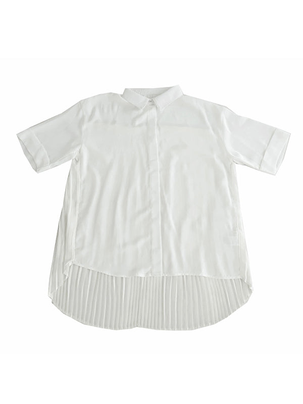 Stylish Solid Color High-Low Pleated Split-Joint Half Sleeves Blouse