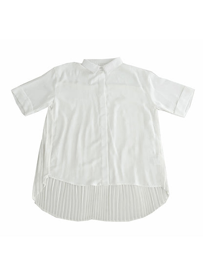 Stylish Solid Color High-Low Pleated Split-Joint Half Sleeves Blouse