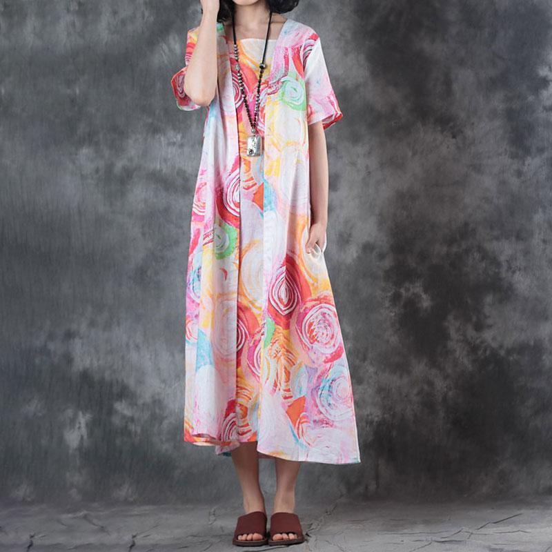 False Two-piece Short Sleeve Printed Summer Dress