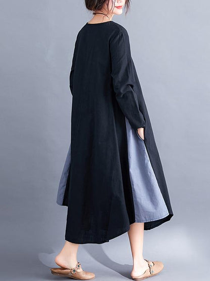 Loose Simple Black Split-joint Round-neck Long Dress