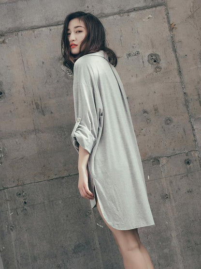 Leisure Solid Lapel Shirt Dress Pajama