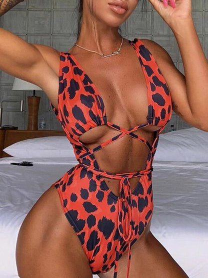 Leopard Hollow Lace Up One Piece Swimsuit