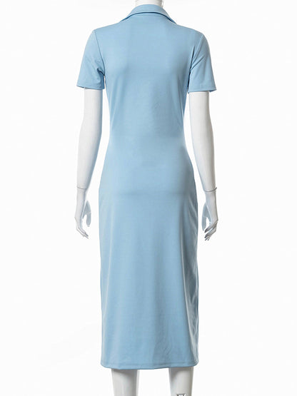 Simple Solid Color Lapel V-Neck Split-Front Midi Dress