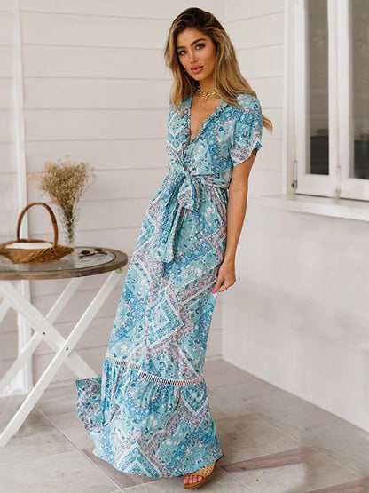 Hollow Printed Bow- Bohemia Maxi Dress