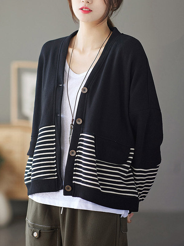 Casual Striped Buttoned V-Neck Batwing Sleeve Outerwear