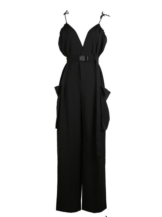 Spaghetti-neck Big Pocket Jumpsuits