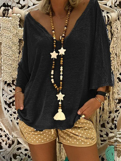 V-neck 3/4 Sleeves Loose Blouses&shirts Tops
