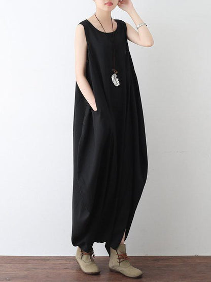 Black Round-neck Split-front Sleeveless Jumpsuits