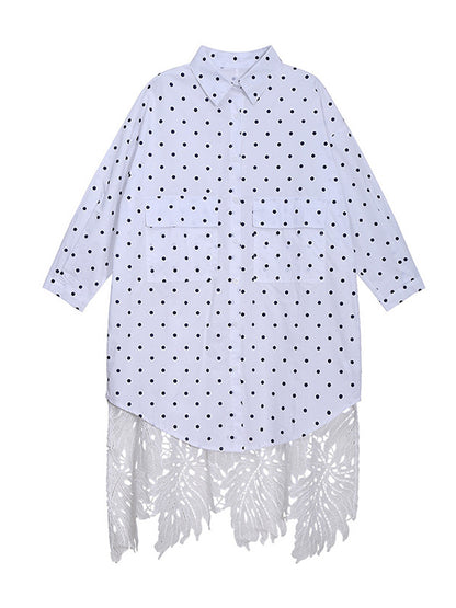 Stylish Split-Joint Polka-Dot Hollow Buttoned Lapel Collar Loose Shirt Dress