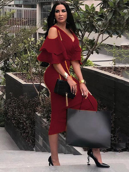 Simple 3 Colors V-neck Midi Dress