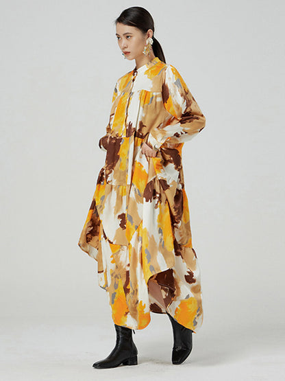 Original Graffiti Contrast Color Tie-Dyed Buttoned Pleated Stand Collar Long Sleeves Maxi Dress