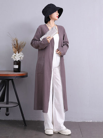 Simple Ramie Cotton Solid Color Long Sleeves Long Outerwear