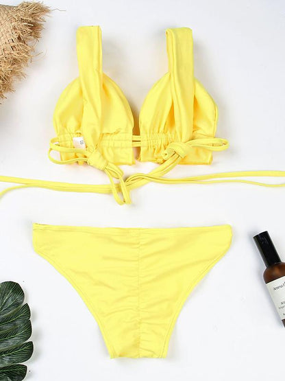 Solid Color Knotted Split Bikini Swimsuit