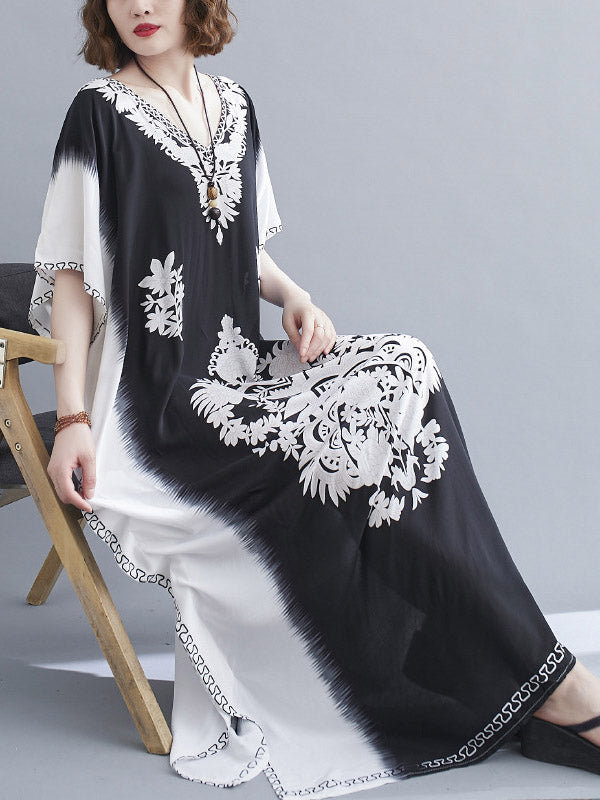 Bohemia Printed V-Neck Batwing Sleeves Contrast Color Maxi Dress