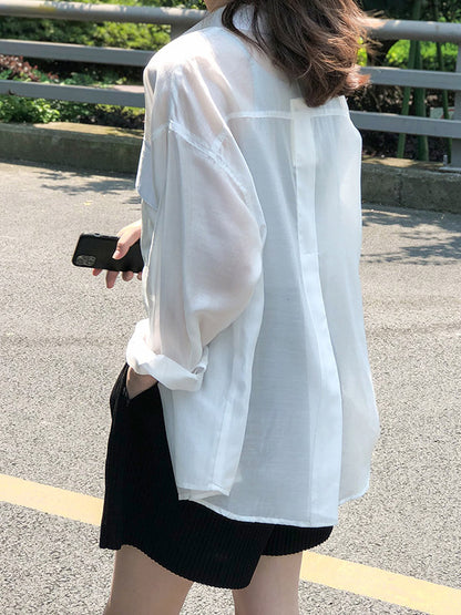 Casual Loose Solid Color Lapel Collar Long Sleeves Shirts