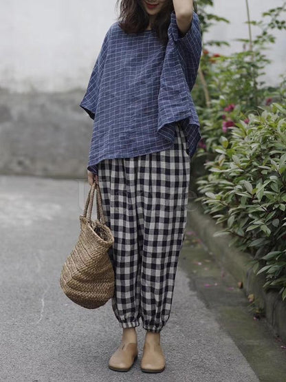 Retro Linen Plaid Casual Harem Pants