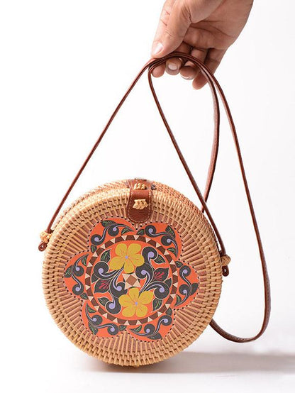 Forest Style Rattan Flower Pattern Round Bag