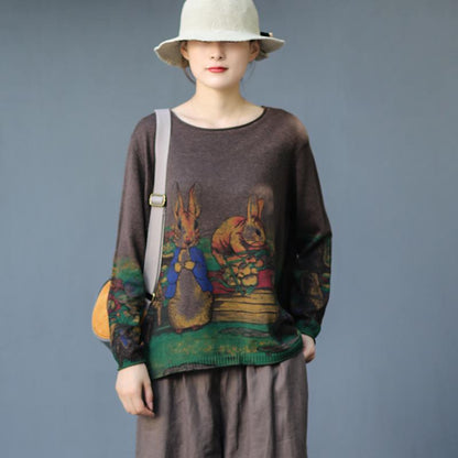 Buykud Cartoon Rabbit Printed Casual Knitted Shirt