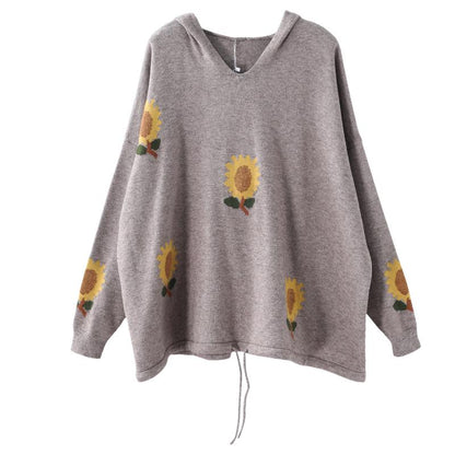 Buykud Casual Floral Printed Loose Knitted Hoodie