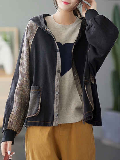Casual Split-Joint Buttoned Floral Printed Raglan Sleeve Loose Outerwear