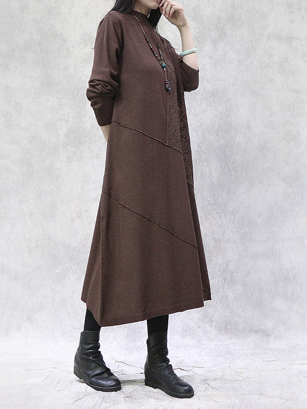 Artistic Retro Solid Color Split-Joint Embroidered High-Neck Long Sleeves Knitted Sweater Dress