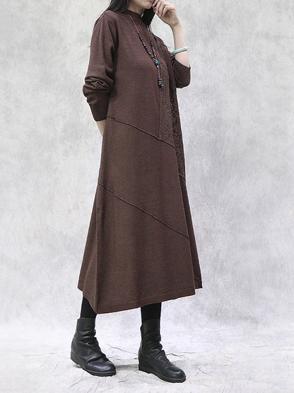 Artistic Retro Solid Color Split-Joint Embroidered High-Neck Long Sleeves Knitted Sweater Dress