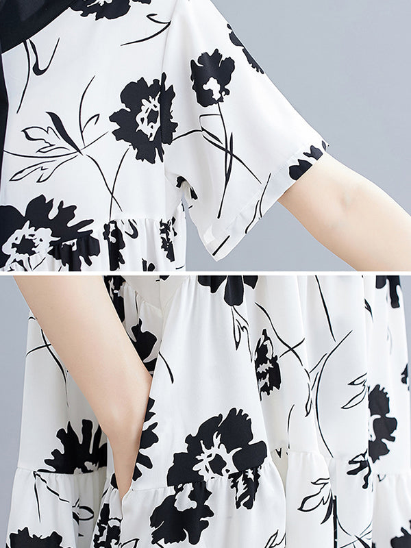 Artistic Retro Loose Floral Printed Pleated Midi Dress