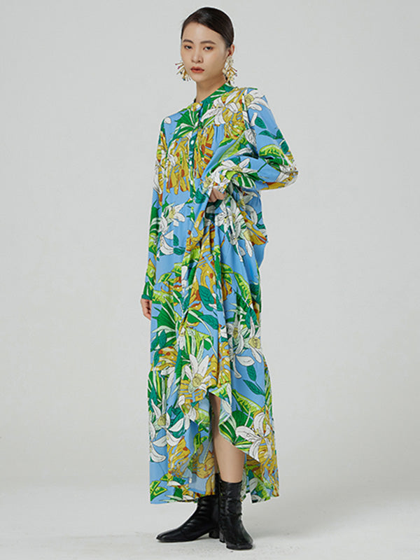 Vintage Floral Printed A-Line Long Sleeves Midi Dresses