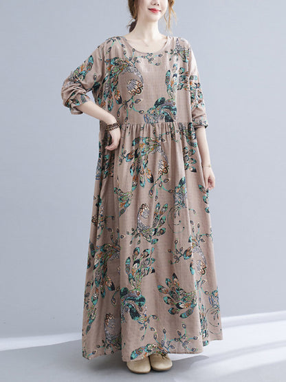 Vintage Ramie Cotton Floral Printed Round-Neck Long Sleeves Loose Maxi Dress